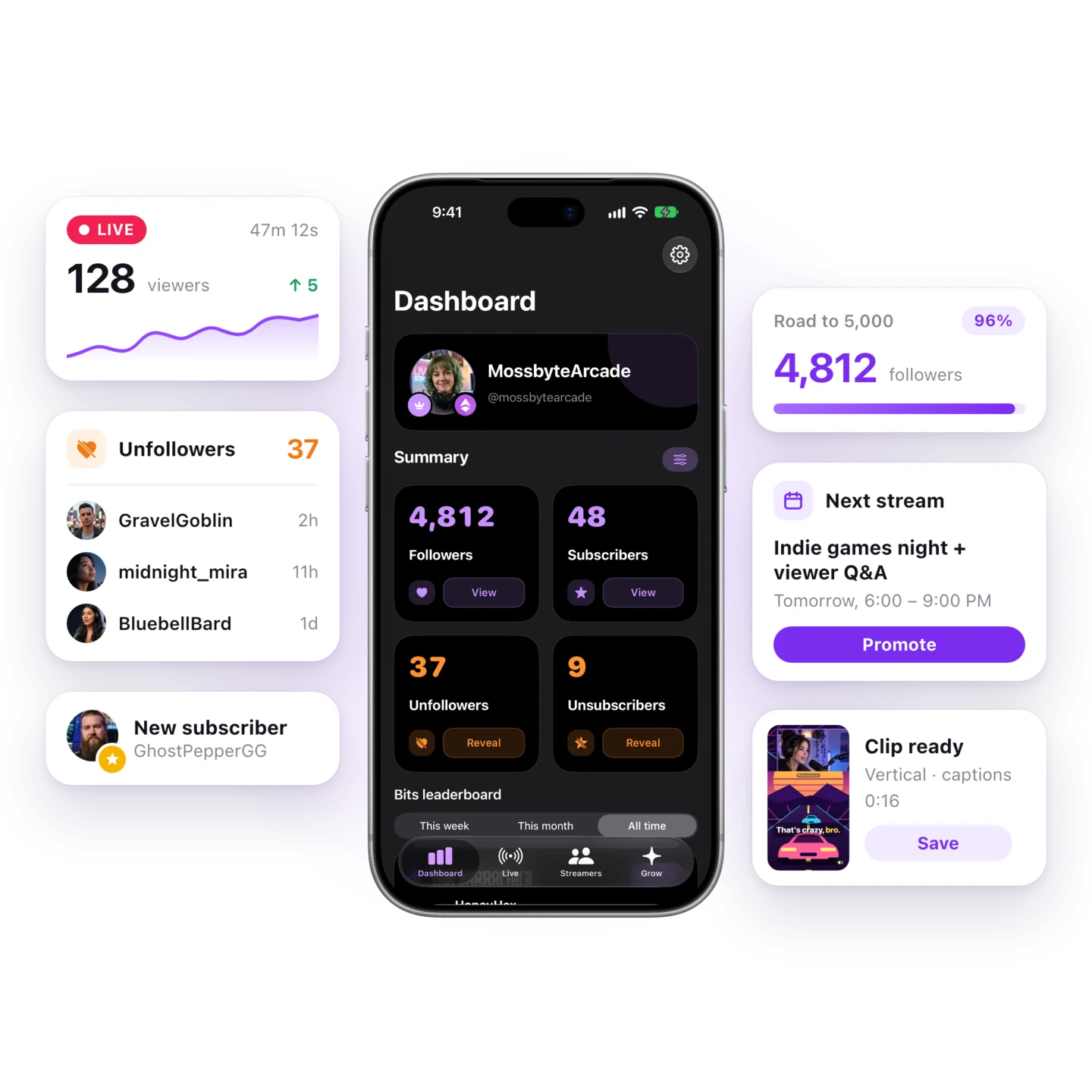 Stream Tracker on iPhone, showing the Dashboard, with cards for the live viewer count, unfollowers, the follower goal, the next stream, a new subscriber and a captioned clip