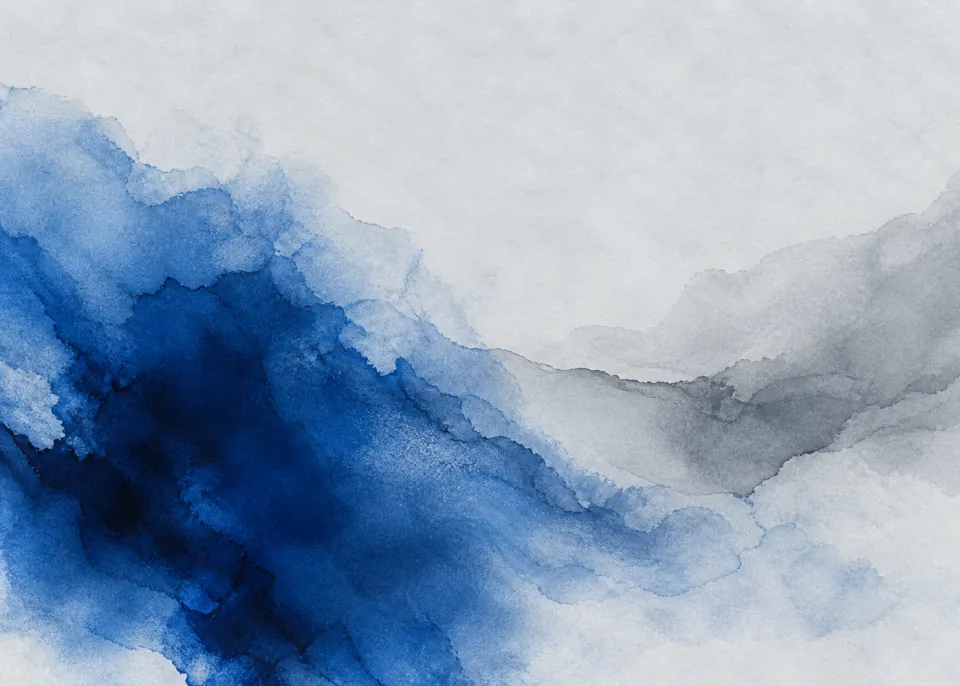 Cobalt Bloom: Single large diffusing cobalt ink bloom anchored near lower left, one restrained cool gray wash extending right, soft icy gray paper field.