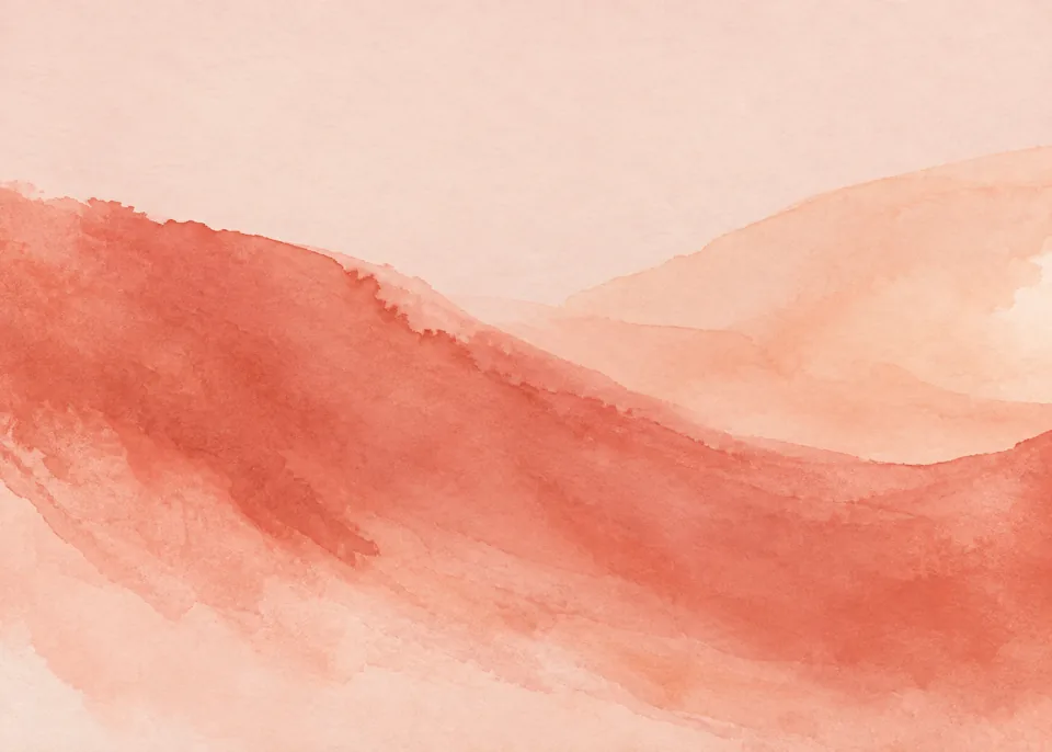 Coral Drift: Broad dusty coral pigment sweep crossing lower half of muted blush paper with a soft pale peach translucent counterwash, airy spacing.