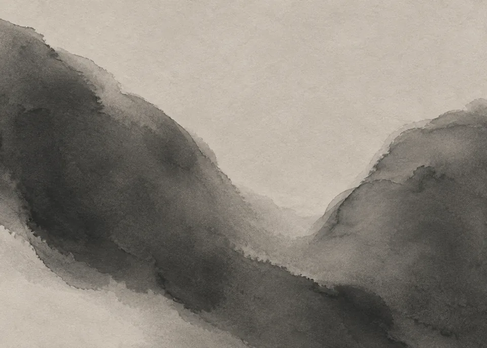 Graphite Study: Two large asymmetrical charcoal gray organic washes with subtle feathered edges on warm stone-gray paper, refined monochrome and moderate contrast.