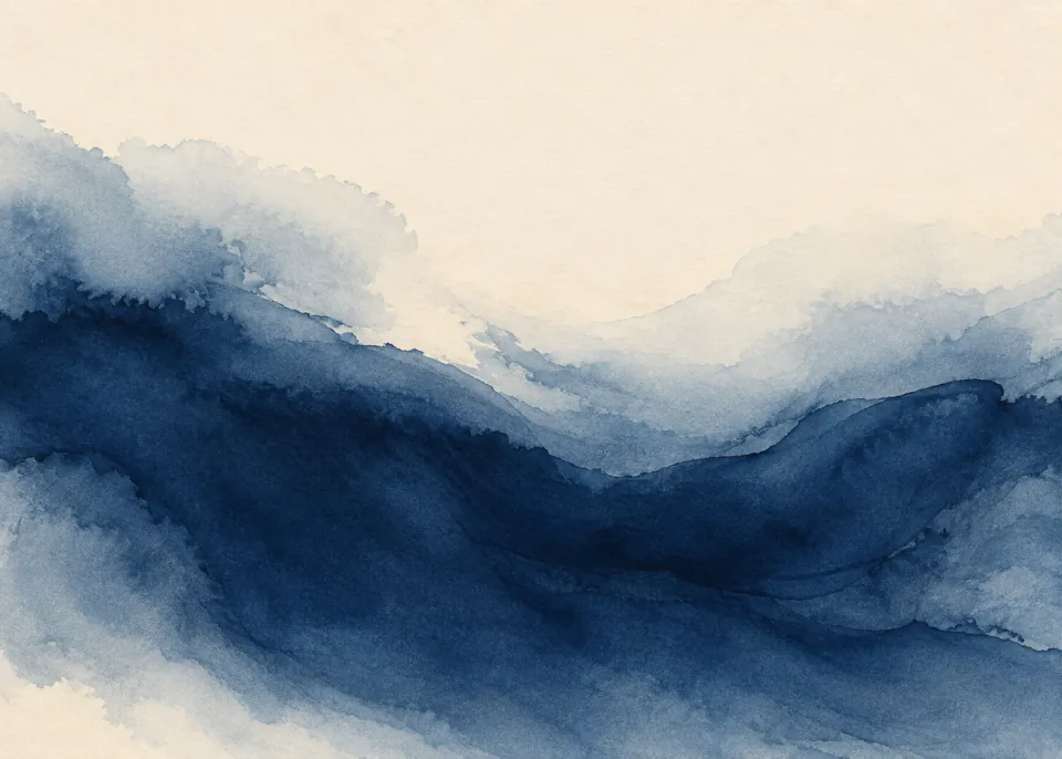 Indigo Wash: One broad indigo pigment wash flowing across lower half of warm ivory paper, muted slate blue secondary wash, beautifully feathered wet edges.