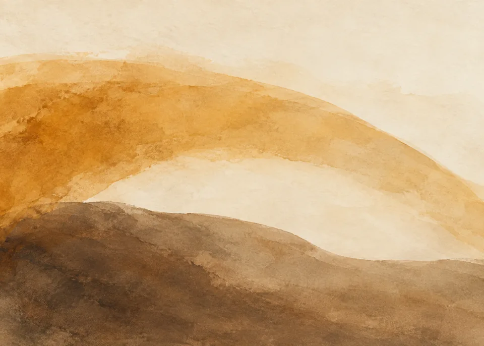 Ochre Balance: One broad warm ochre arch and a low muted umber organic counterform on creamy parchment, soft blended boundaries, no hard outlines.