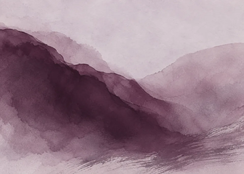 Plum Silence: Large soft-edged plum and muted mauve pigment masses on smoky pale lilac paper, one fine restrained dry-brush texture at bottom, no splatter.
