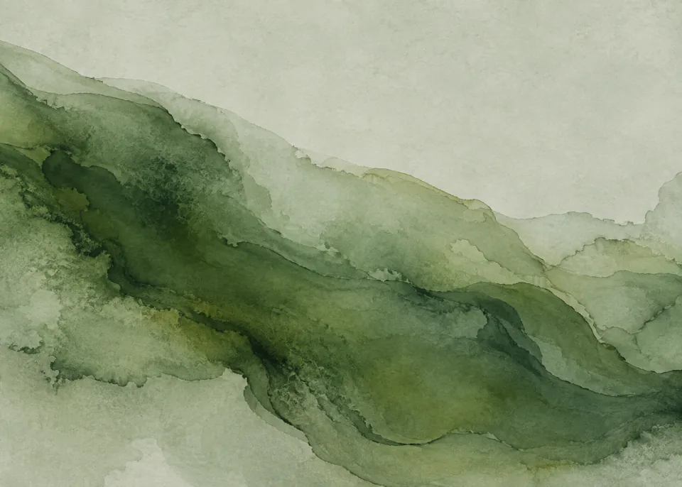 Sage Current: A broad moss and sage green organic ink form drifts diagonally across lower two thirds of pale gray-green paper, subtle translucent pooling.