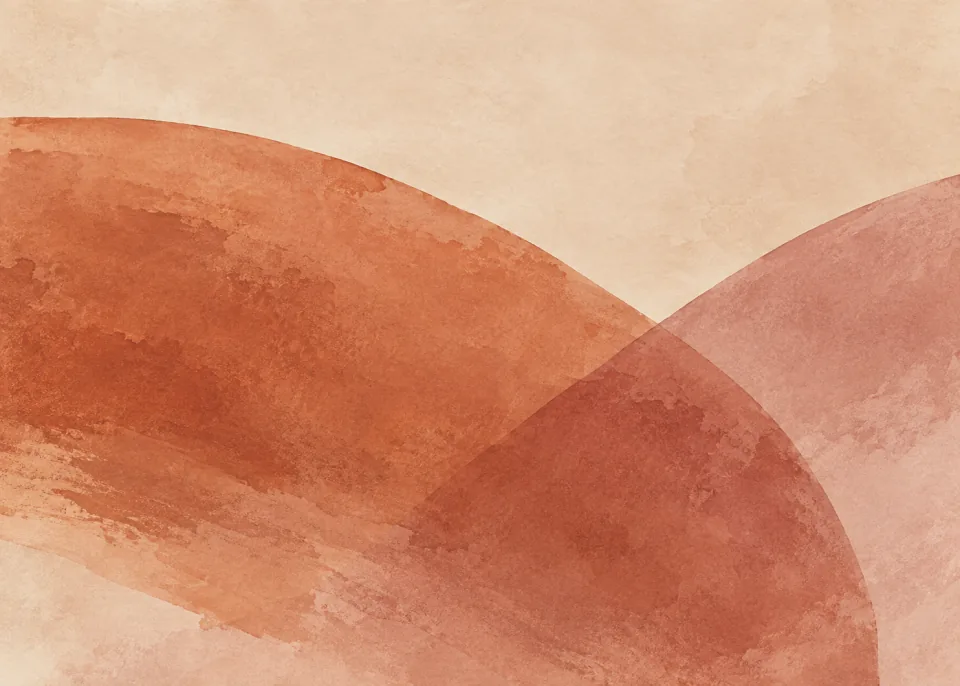 Terracotta Gesture: Two enormous rounded terracotta and muted rose pigment strokes overlapping asymmetrically over soft warm sand paper, broad negative upper space.
