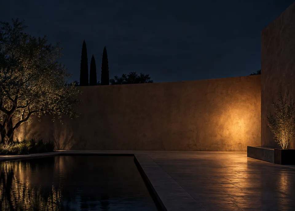 Courtyard Hush: Empty minimalist walled courtyard at night, one broad soft warm oval of light on a muted brown wall near lower right, charcoal upper expanse.