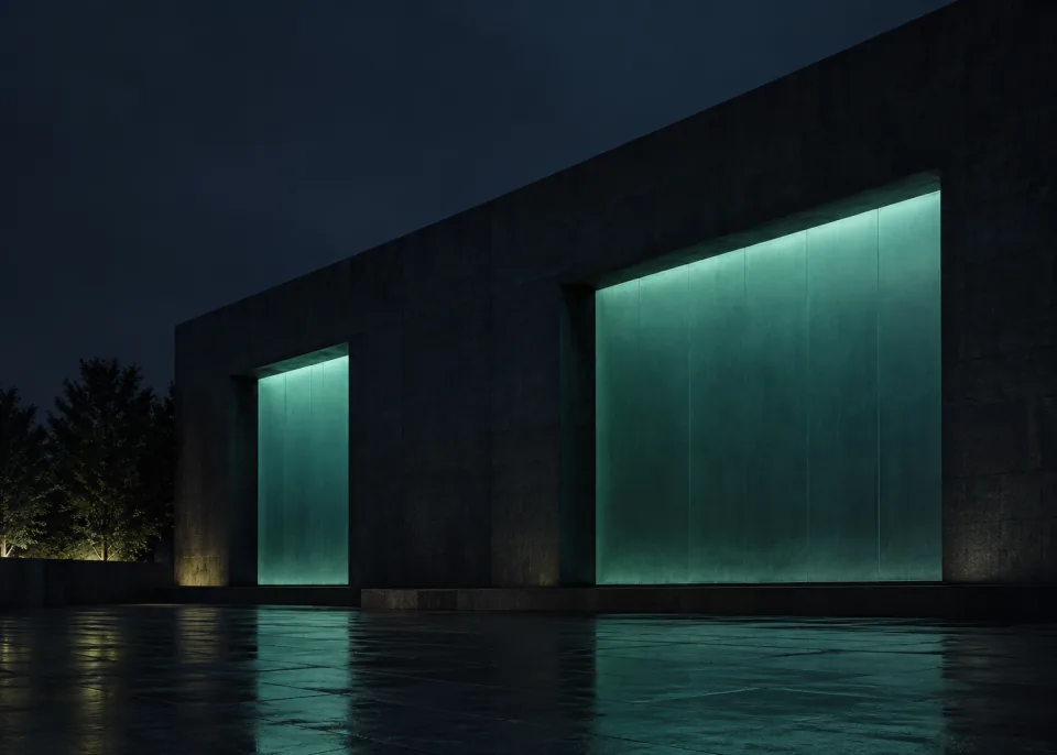 Midnight Facade: Close view of a dark simple architectural facade with only two enormous recessed rectangular light fields glowing muted teal, asymmetrical lower composition.