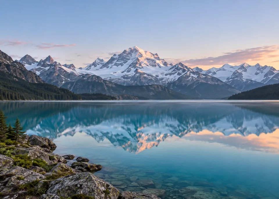 Alpine Mirror: Turquoise alpine lake below distant snow-covered peaks, still reflection, near shoreline only at lower corner, soft cool early morning sky.