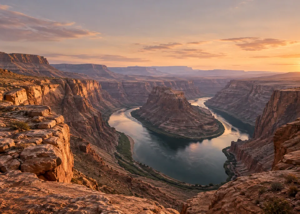 Canyon River: Enormous warm sandstone canyon framing a broad quiet river bend deep below, late afternoon diffuse glow, subdued peach-gray upper sky.