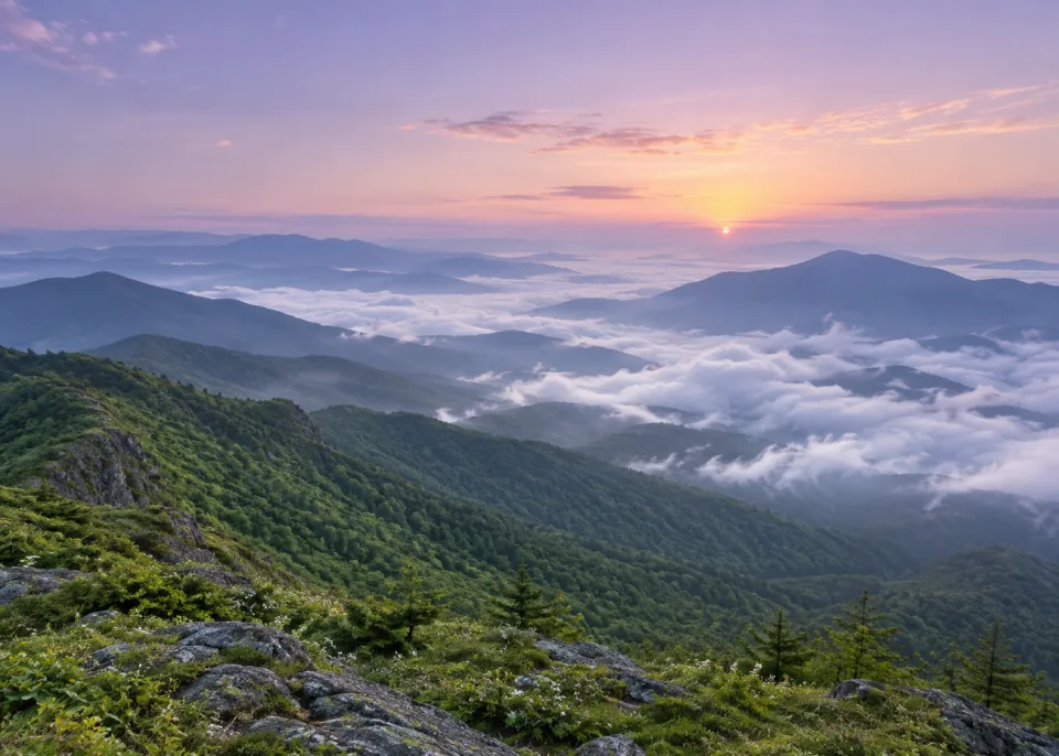 Cloud Valley: A high overlook across green rolling mountain ridges descending into a broad cloud-filled valley, cool sunrise haze, tranquil muted lavender sky.