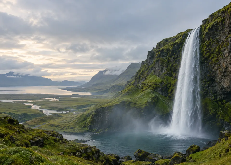 Emerald Falls: One tall elegant waterfall descending a remote green cliff at lower right into misty still pool, wide space and soft overcast upper sky, restrained water highlights.
