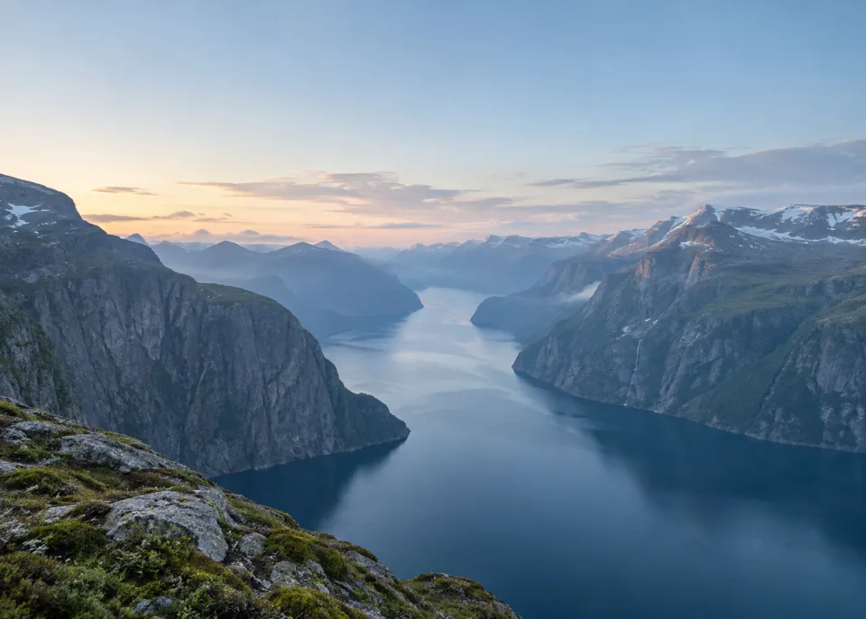 Fjord Light: Deep blue fjord winding between immense softly layered slate cliffs, pale subdued dawn light and generous hazy blue-gray upper sky.