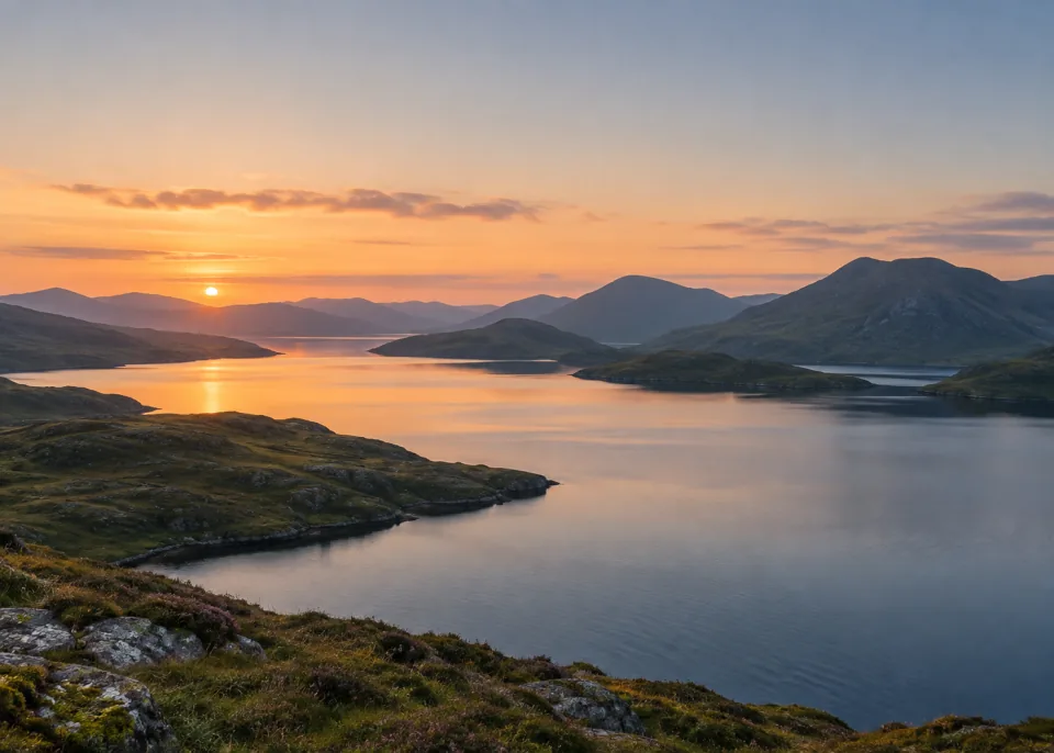 Highland Lake: Silent remote lake amid rounded dark green highland hills, one long low headland entering lower left, muted late-summer sunset light.