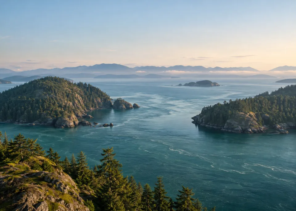 Island Passage: Elevated coastal view through two remote forested islands toward a wide hazy teal sea, soft morning atmosphere, gentle smooth upper sky.