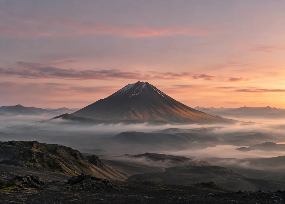 Volcanic Dawn: Broad dark volcanic cone rising from low mist across middle distance, large muted pink-gray dawn sky, subtle warm light on lower slopes.