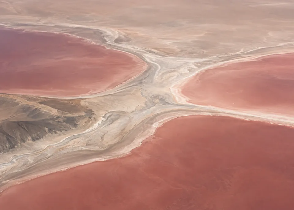 Salt Rose: Aerial of large dusty rose salt-flat basins separated by a few broad pale mineral ridges, organic geometry, smooth quiet upper region, no tiny cell pattern.