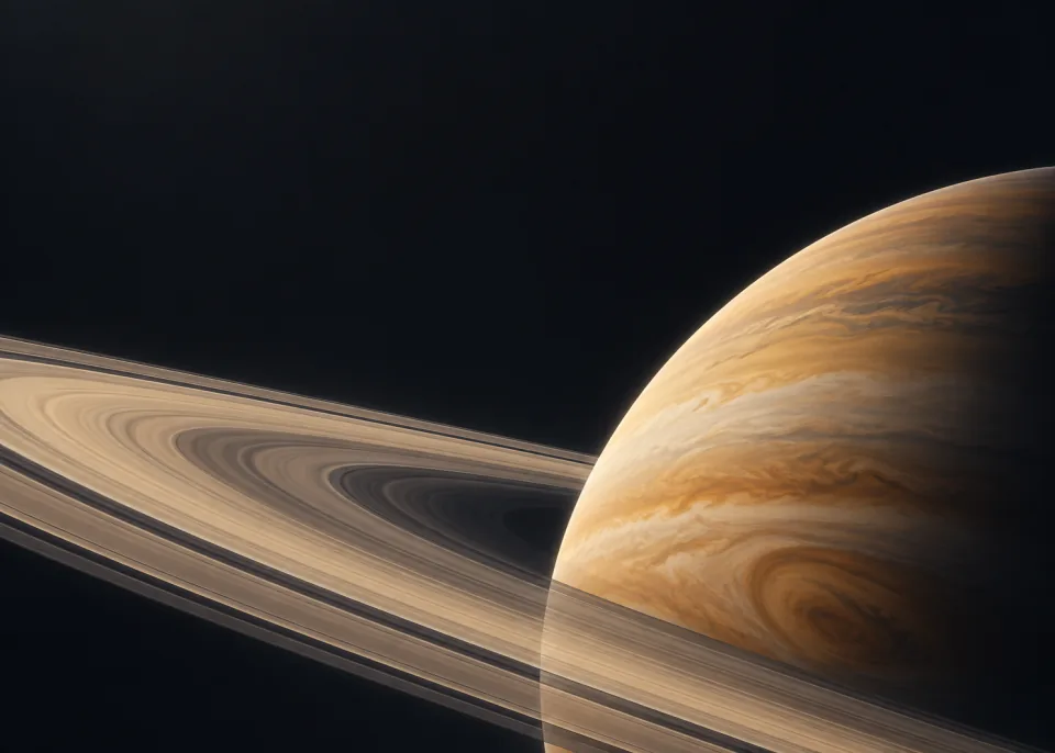 Amber Saturn: A softly lit ochre gas giant cropped at lower right, broad elegant muted beige rings crossing diagonally through lower half, charcoal black upper field.