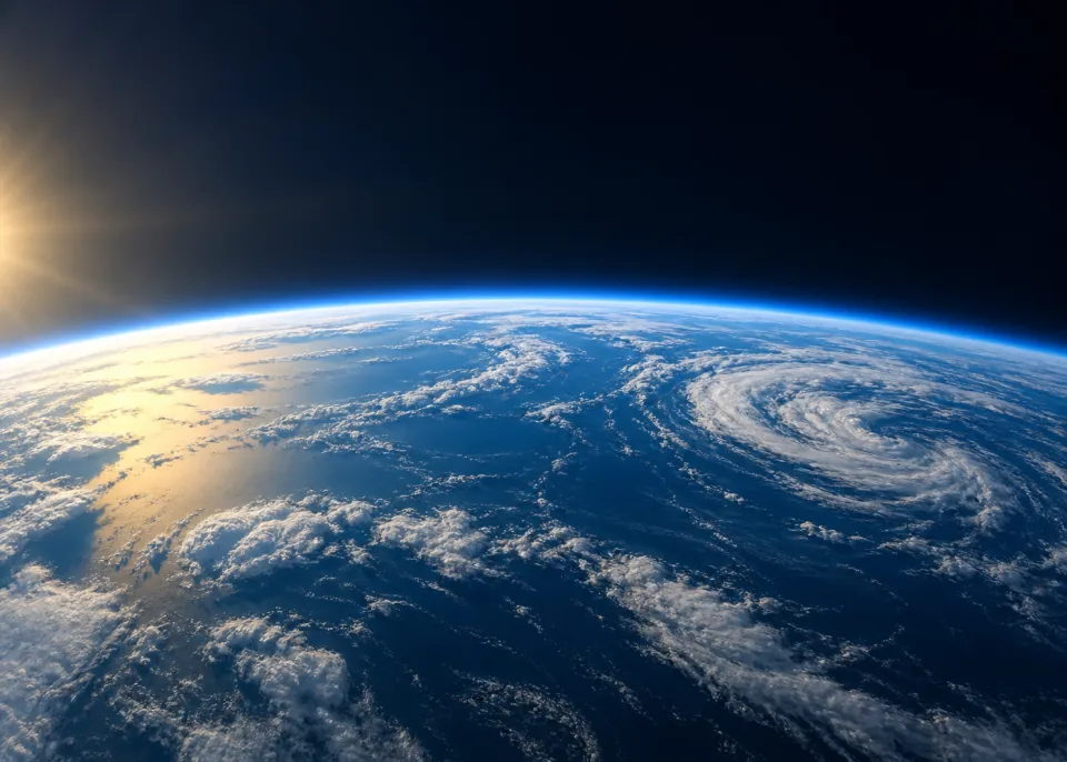 Blue Marble: Earth seen from high orbit, curved ocean hemisphere filling lower half, subtle white weather systems and thin cobalt atmospheric rim, sunlight from left.