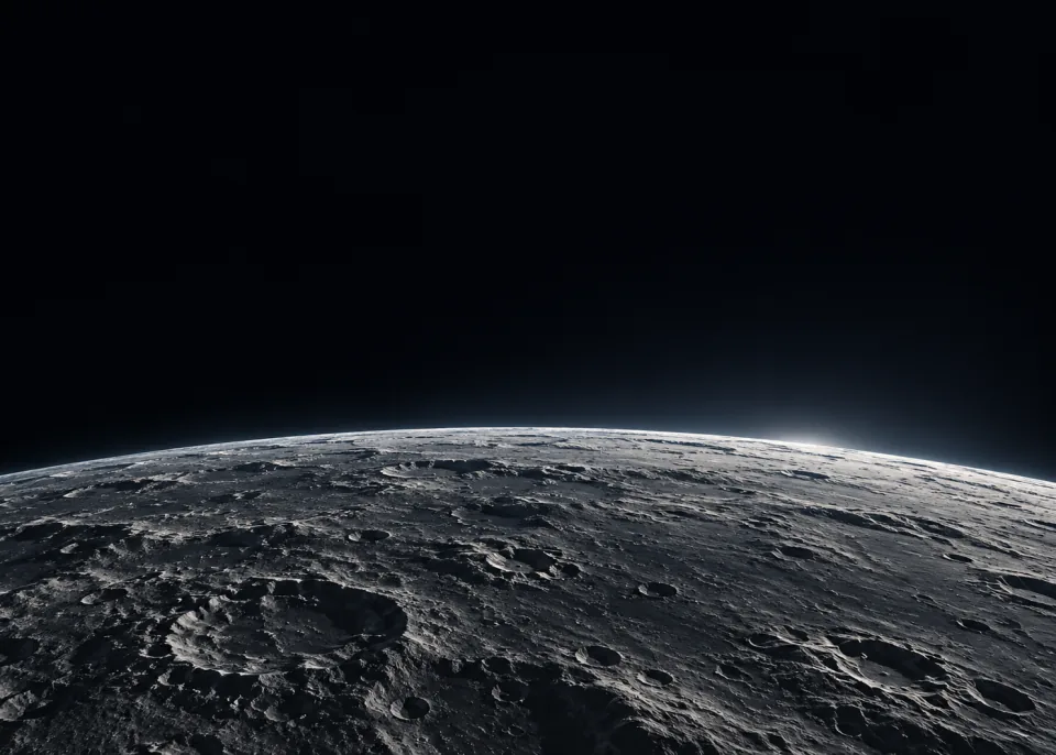 Lunar Dawn: Low curved gray lunar horizon with gently lit craters below center, cold dawn rim light, featureless black upper expanse.