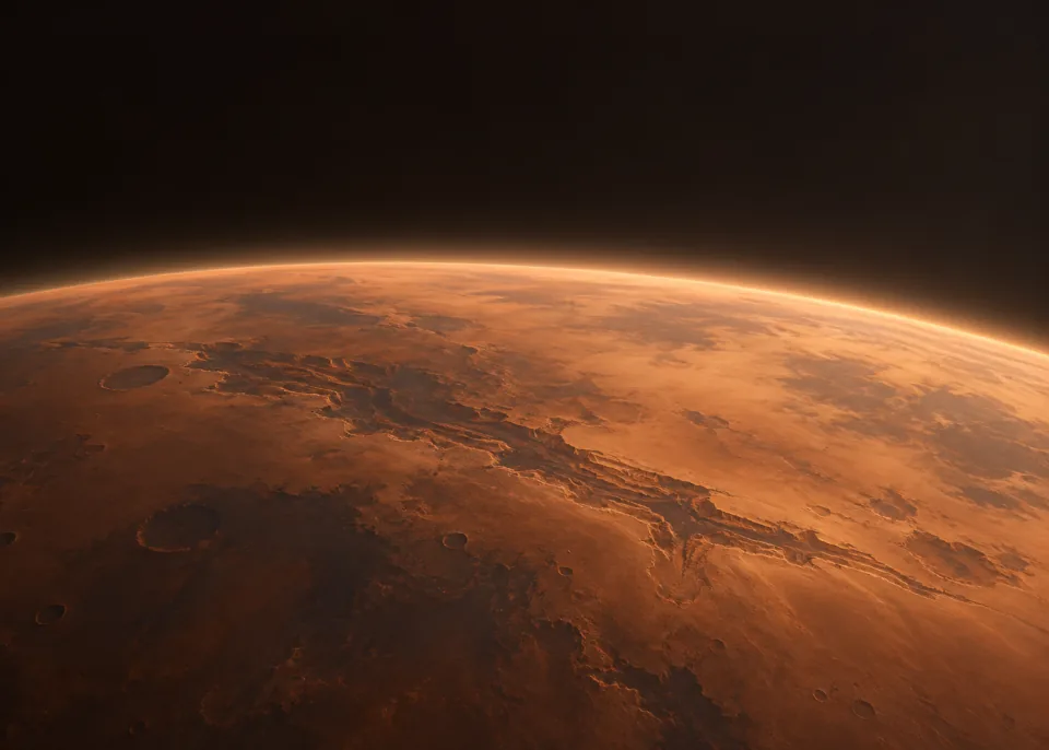 Mars Horizon: Rust-red planetary curvature across lower half, broad hazy ochre surface formations, subdued amber atmospheric edge, deep brown black space.