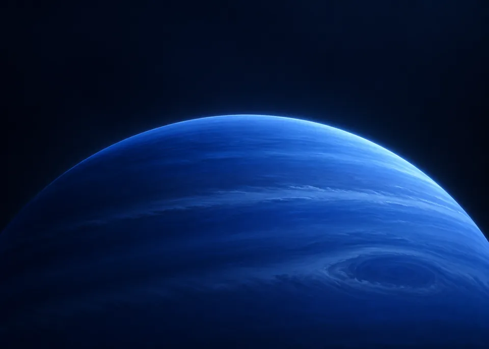 Neptune Blue: Enormous matte deep azure planet rising from bottom edge, extremely subtle horizontal atmospheric bands, indigo-black space, restrained cool rim lighting.