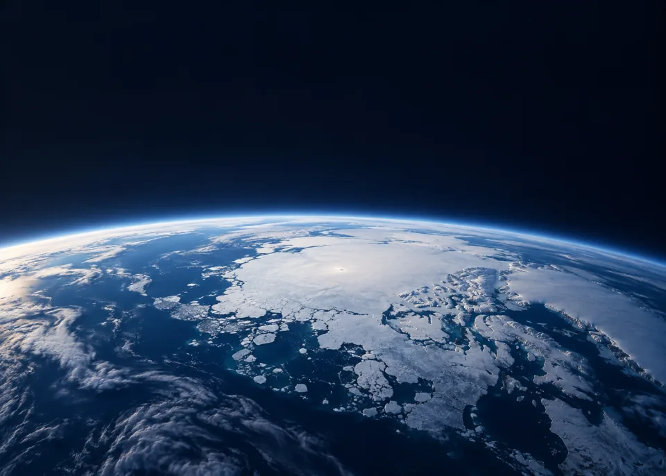 Polar Orbit: Earth's white polar ice cap and midnight blue ocean seen obliquely from orbit, curved horizon low, delicate pale blue limb and large dark upper region.