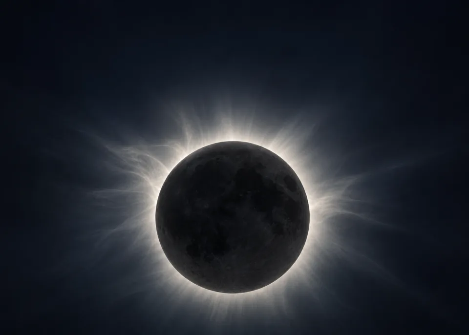 Solar Eclipse: Dark lunar disk offset below center in expansive midnight space, broad soft restrained silver solar corona, no hard blown-out highlights or surrounding stars.