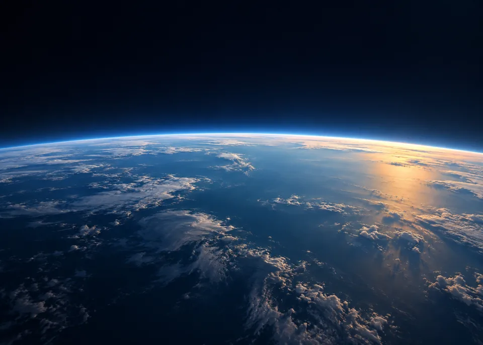 Terminator: Close low orbital horizon of Earth, broad blue daylit ocean transitioning slowly into night over lower half, faint warm reflected sunset edge, no city lights.