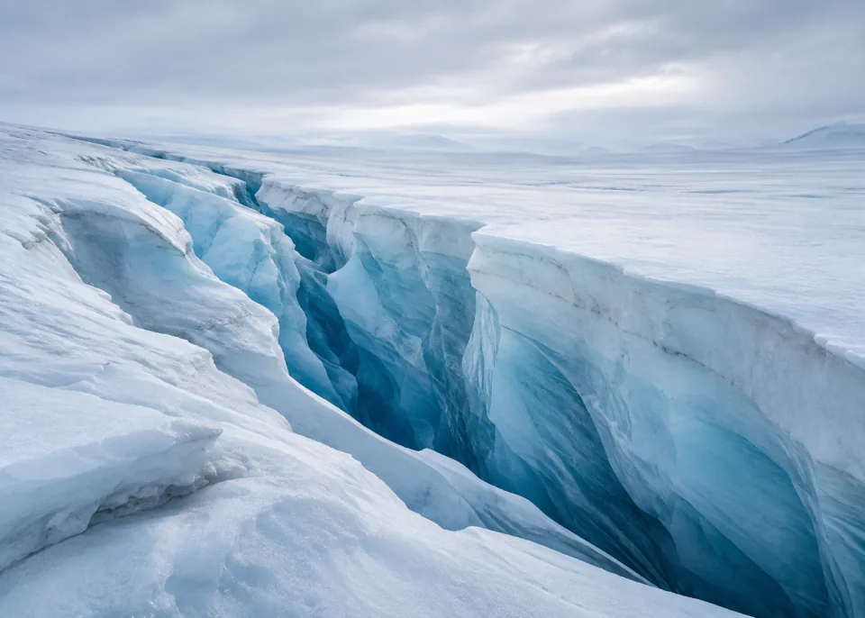 Blue Crevasse: Close view into one broad elegant glacial crevasse sweeping diagonally through lower half, translucent blue interior and softly lit matte white ice plateau above.