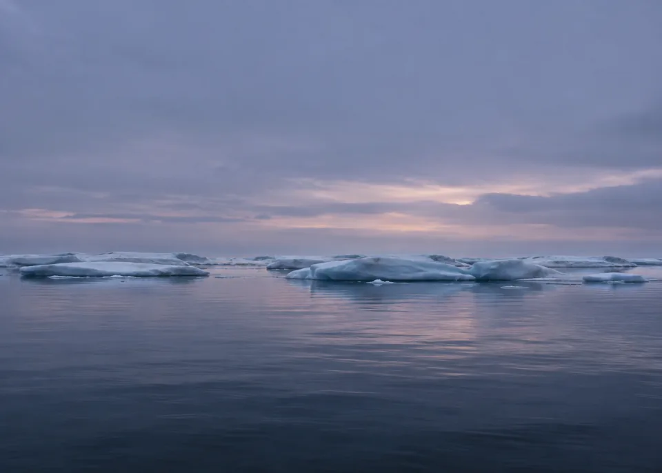 Polar Dusk: Flat dark polar sea and a low line of softly rounded ice floes, muted violet-blue dusk and a broad empty gray-lilac sky.