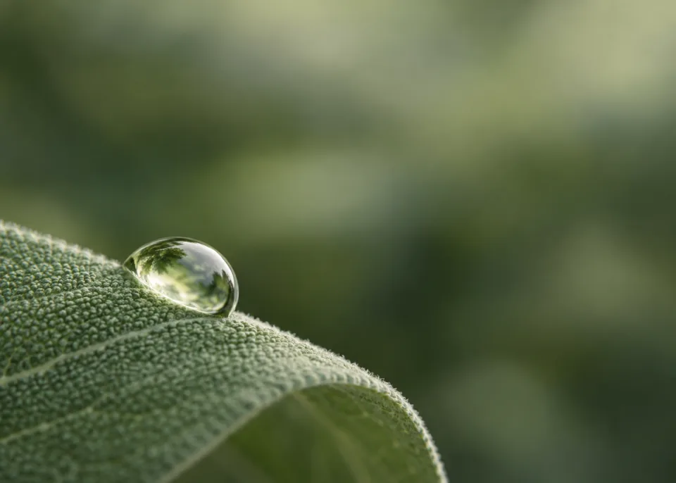 Dewdrop: One large dew droplet resting on the gently sloping edge of a sage leaf near lower left, muted pale green refraction and forest green bokeh, no smaller droplets.