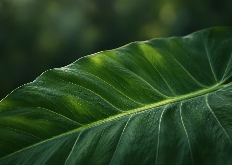 Emerald Vein: Single broad deep green leaf fills lower two thirds diagonally, a gently illuminated central vein with subtle branching, dark emerald bokeh above.