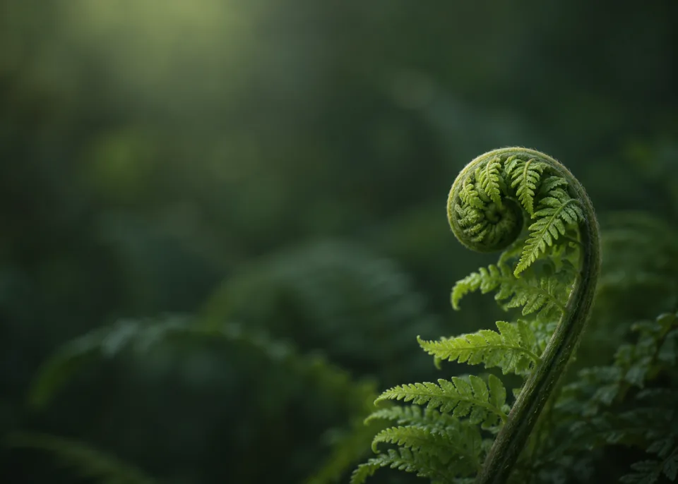 Fern Unfurling: One elegant young fern curl in lower right with softly unfurling leaflets, muted moss green light, very smooth dark forest green surroundings.