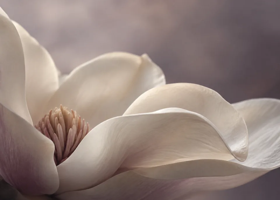 Magnolia: A single broad ivory magnolia petal curls softly through the lower middle, subdued creamy highlights, cool mauve shadows and smoky taupe background.