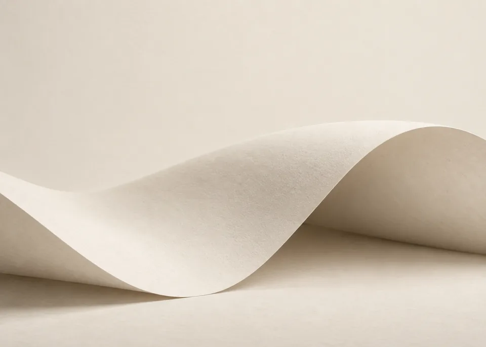 Ivory Fold: One enormous ivory paper sheet makes a broad soft rolling fold across lower half, warm gray shadows and matching creamy quiet background.