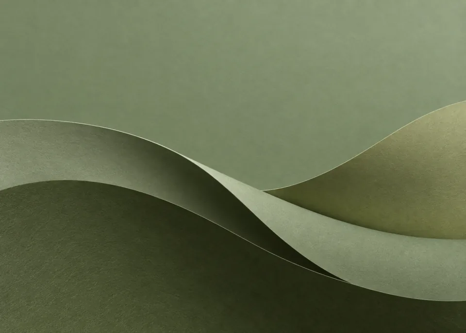 Sage Layers: Three broad sage and olive paper layers curve upward from bottom edges with generous separation and soft cast shadows, muted green upper field.