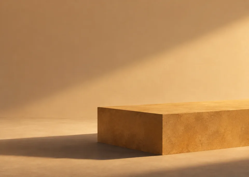 Ochre Step: A single low broad rectangular ochre block cropped along the bottom casts a long soft shadow across muted sand ground, uninterrupted warm backdrop.