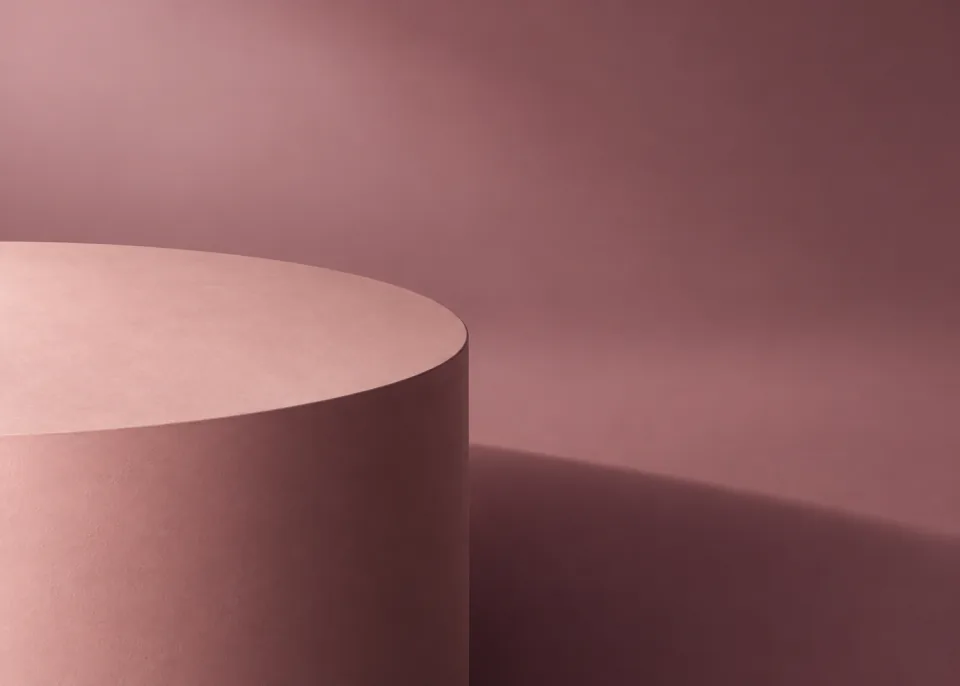 Rose Cylinder: One oversized matte dusty rose cylindrical form cropped at bottom left, broad rounded light gradient and long soft cast shadow on mauve backdrop.