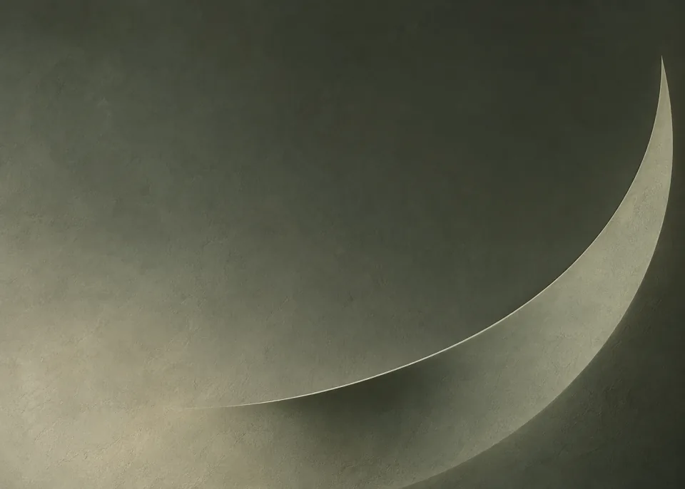 Sage Crescent: A large shallow crescent-shaped relief in muted sage plaster at lower right, soft side light reveals gentle curved shadow, dark moss-gray upper field.